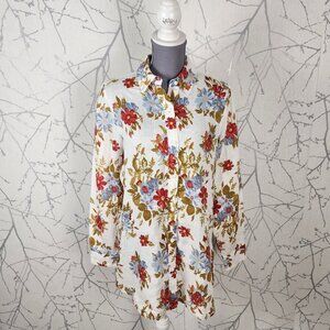 Contemporaine Colorful Floral Print 100% Linen Button Front Tunic